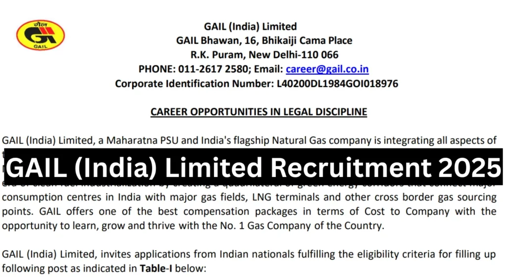 GAIL India Limited Recruitment 2025 Notification Out for CGM (Law) Post 1 GAIL India Limited Recruitment 2025 Notification Out for CGM (Law) Post