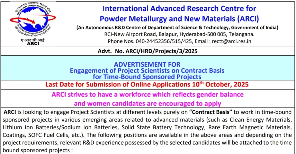 ARCI Project Scientist Recruitment 2025 Notification Out, Check Eligibility & Apply Online 1 ARCI Project Scientist Recruitment 2025 Notification Out for 12 Vacancies Check Eligibility Apply Online