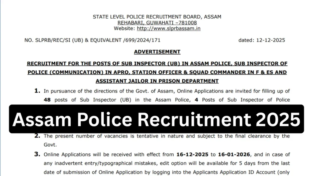 Assam Police Recruitment 2025 for 102 Sub Inspector, Station Officer and More Posts 1 Assam Police Recruitment 2025 for 102 Sub Inspector, Station Officer and More Posts