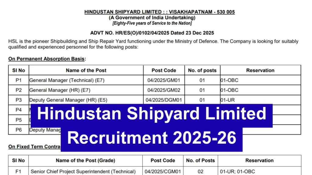 Hindustan Shipyard Limited Recruitment 2025 Notification Out for Manager, General Manager and Other Posts at hslvizag.in 1 Hindustan Shipyard Limited Recruitment 2025 Notification Out for Manager, General Manager and Other Posts at hslvizag.in