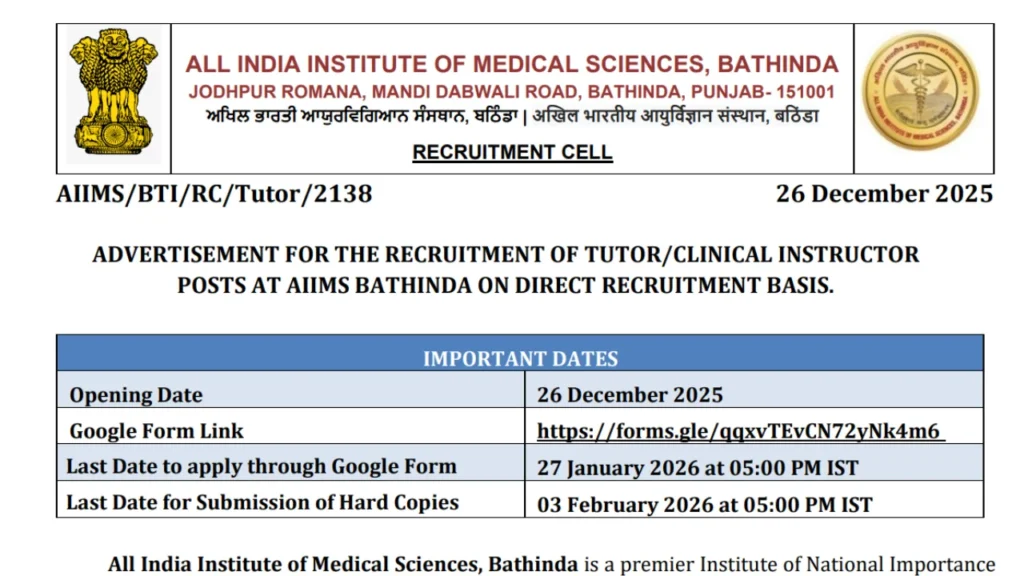 AIIMS Bathinda Tutor/Clinical Instructor Recruitment 2025 Notification Out, Apply 1 AIIMS Bathinda Tutor/Clinical Instructor Recruitment 2025