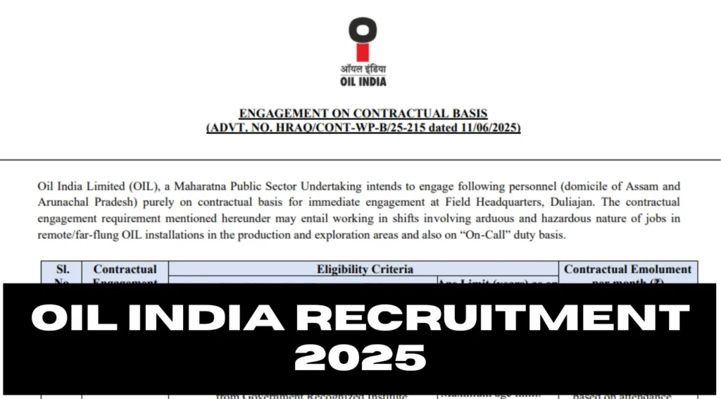 Oil India Recruitment 2025 Notification Released for Contractual Assistant Operator Posts 1 Oil India Recruitment 2025 Notification Released for Contractual Assistant Operator Posts