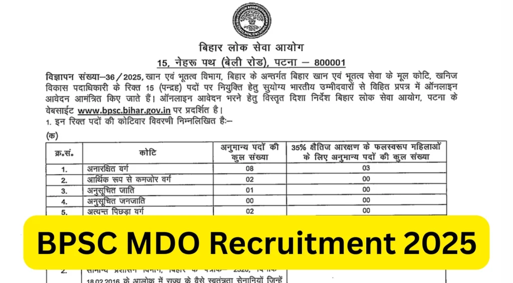 BPSC MDO Recruitment 2025: Notification Out for 15 Posts of Mineral Development Officer 1 BPSC MDO Recruitment 2025: Notification Out for 15 Posts of Mineral Development Officer