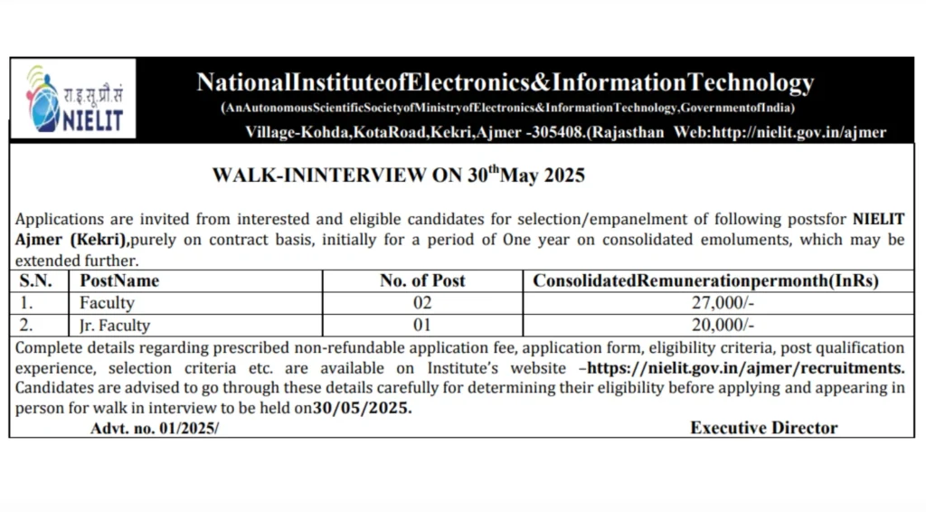 NIELIT Ajmer Recruitment 2025: Notification Out for Faculty and Jr. Faculty Posts 1 NIELIT Ajmer Recruitment 2025: Notification Out for Faculty and Jr. Faculty Posts, Walk-in Interview on 30 May