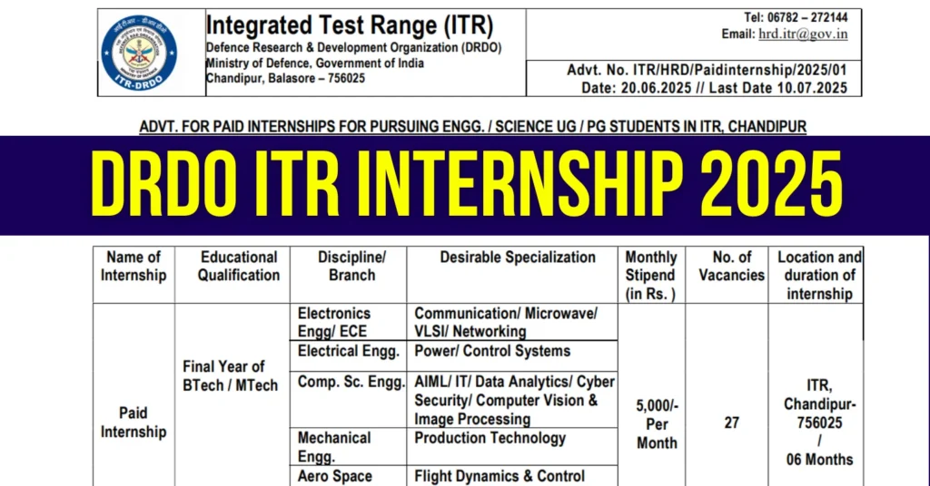 DRDO ITR Internship 2025 – Provisional Selection List Released, Joining on 18 August 1 DRDO ITR Internship 2025: Provisional Selection List Released