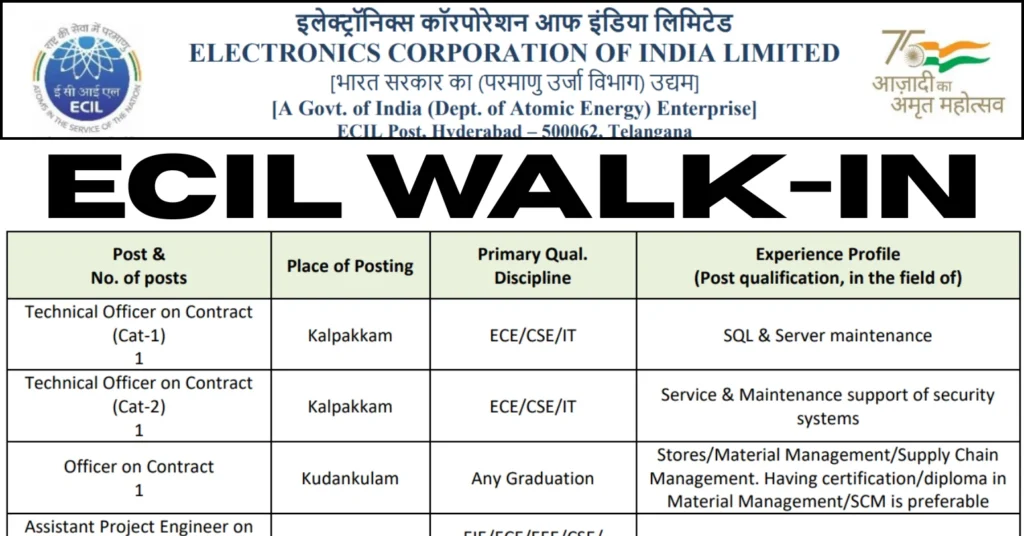 ECIL Announces Walk-in for Technical Officer, Engineer & Other Posts 1 ECIL Announces Walk-in for Technical Officer, Engineer & Other Posts