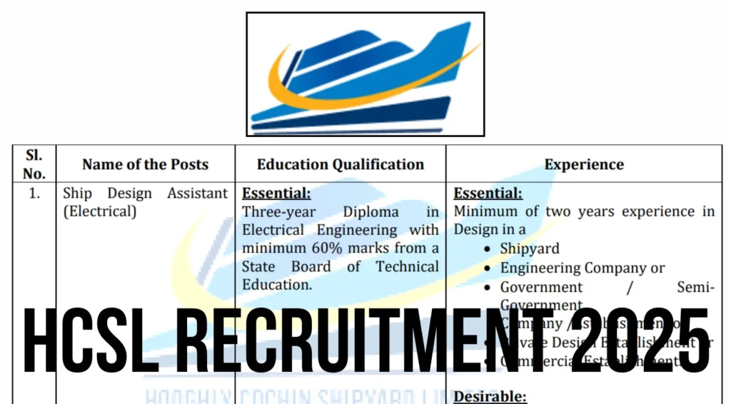 HCSL Recruitment 2025 Notification Out for Ship Design Assistant Vacancies 1 HCSL Recruitment 2025 Notification Out for Ship Design Assistant Vacancies