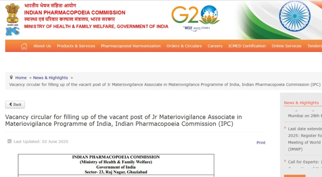 Indian Pharmacopoeia Commission Recruitment 2025 for Jr Materiovigilance Associate Posts 1 Indian Pharmacopoeia Commission Recruitment 2025 for Jr Materiovigilance Associate Posts