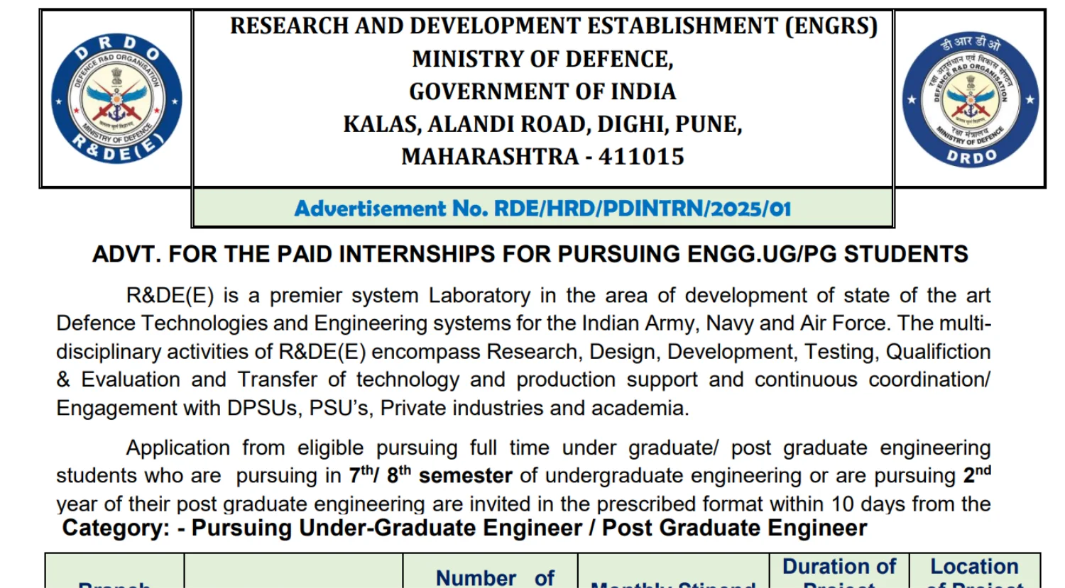 Apply for Research and Development Establishment (Engineers) Paid Internship. UG/PG engineering students get hands-on defence project experience with ₹5,000