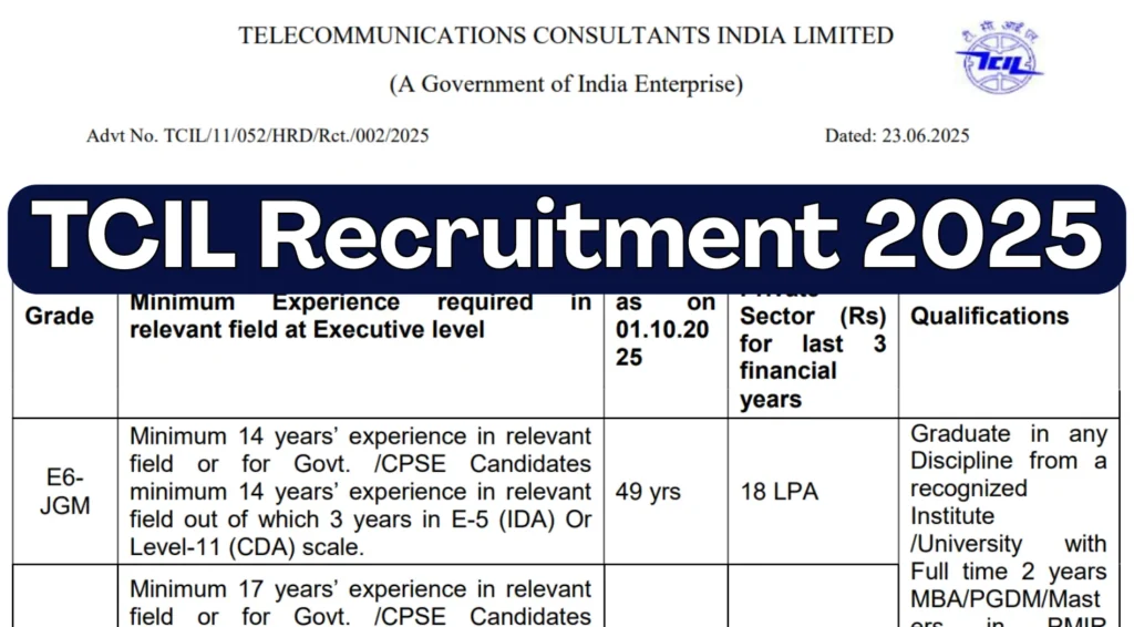 TCIL Recruitment 2025 Notification OUT: Apply for Manager to GM-Level Posts in IT, Telecom & HR Sectors 1 TCIL Recruitment 2025
