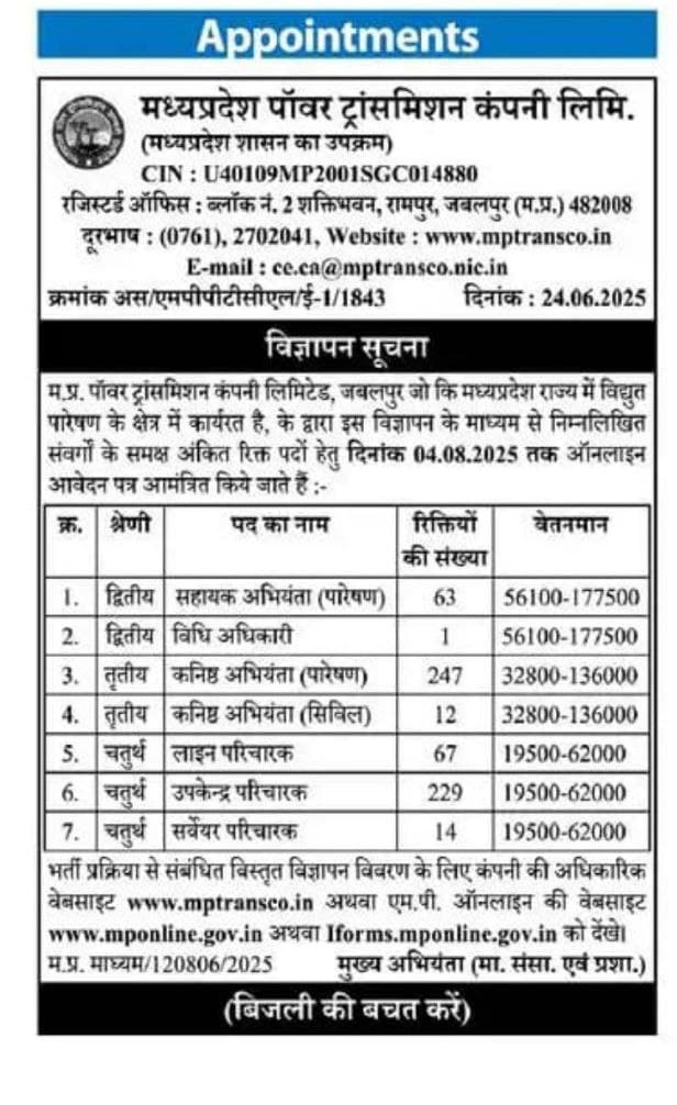 MPTRANSCO Recruitment 2025: Apply Online for 633 AE, JE, Lineman & Other Posts 2 mptransco-recruitment-2025 Short Notice