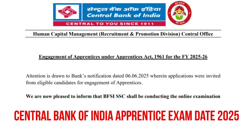 Central Bank of India Apprentice Exam Date 2025 Announced, Check Exam Pattern 1 Central Bank Of India Apprentice Exam Date 2025