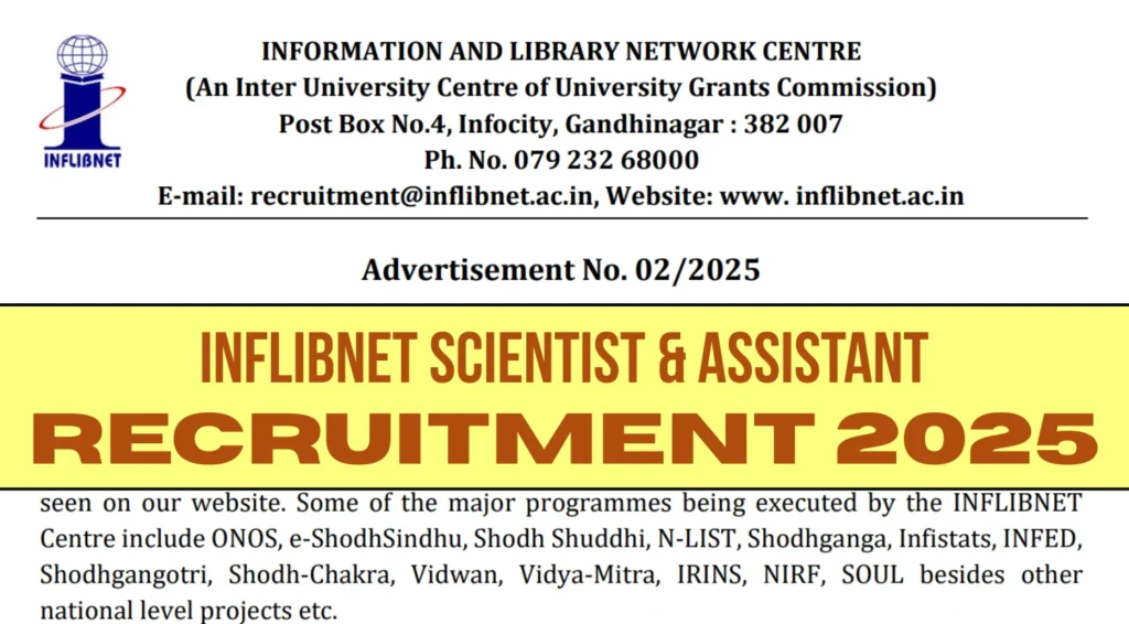 INFLIBNET Recruitment 2025 Out, Apply Online for Scientist and Assistant Posts 1 INFLIBNET Recruitment 2025 out for Scientist & Assistant posts. Apply online for 5 vacancies from 19 July to 8 Aug. Check eligibility & details here.