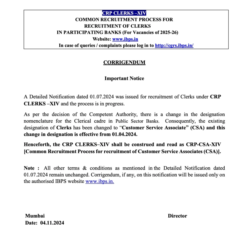 IBPS Clerk Title Changed to CSA, CRP-CSA-XV Notification 2025 Released 2 Ibps Clerk Name Changed to CSa Notice