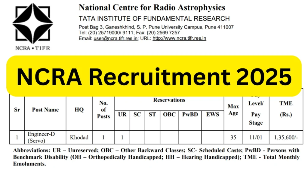 NCRA Recruitment 2025, Apply Online for Engineer-D and Scientific Assistant-B Posts 1 NCRA Recruitment 2025