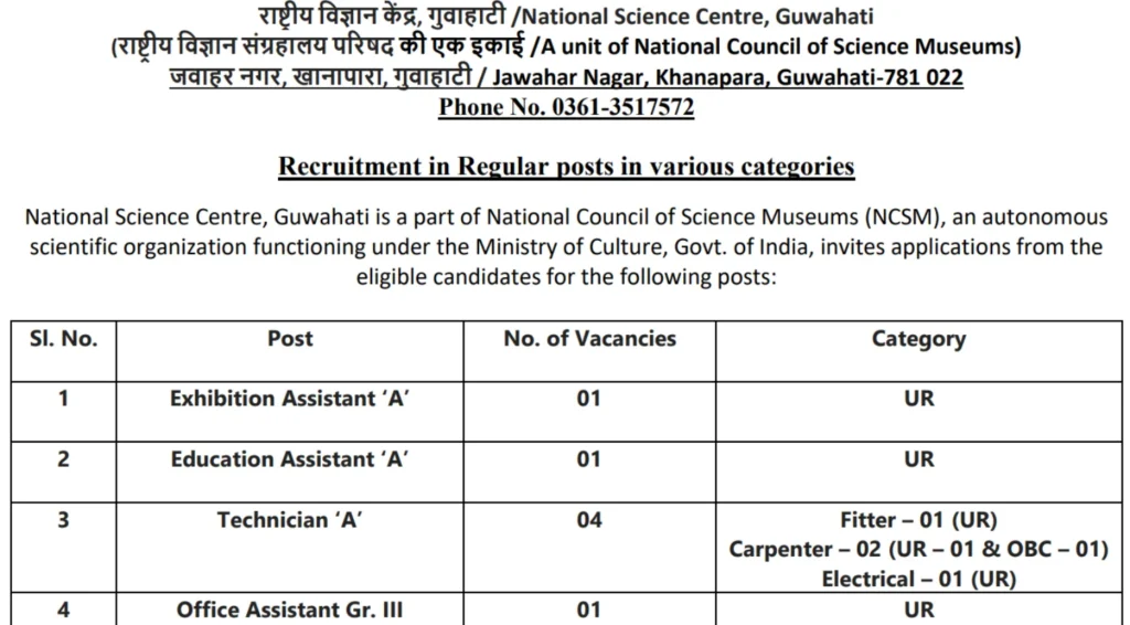 National Science Centre Guwahati Recruitment 2025 Notification Out for Assistant & Technician Posts 1 National Science Centre Guwahati Recruitment 2025 Notification Out for Assistant & Technician Posts