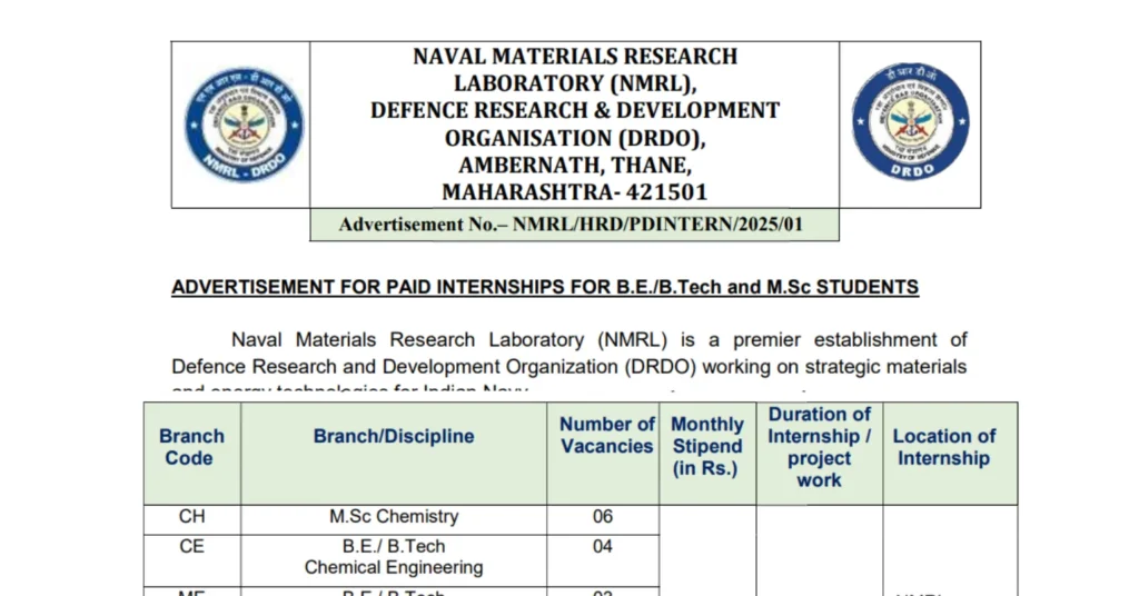 Naval Materials Research Laboratory (NMRL) Paid Internship 2025 for Final-Year B.Tech and M.Sc Students 1 Naval Materials Research Laboratory (NMRL) Paid Internship 2025 for Final-Year B.Tech and M.Sc Students