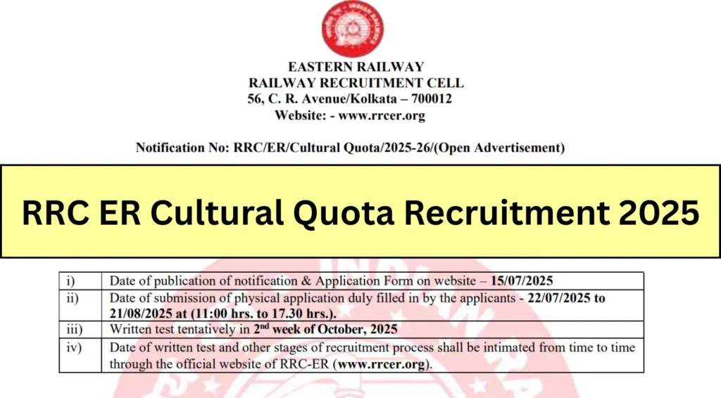 RRC ER Cultural Quota Recruitment 2025 Out, Apply Offline from 22nd July 1 RRC ER Cultural Quota Recruitment 2025