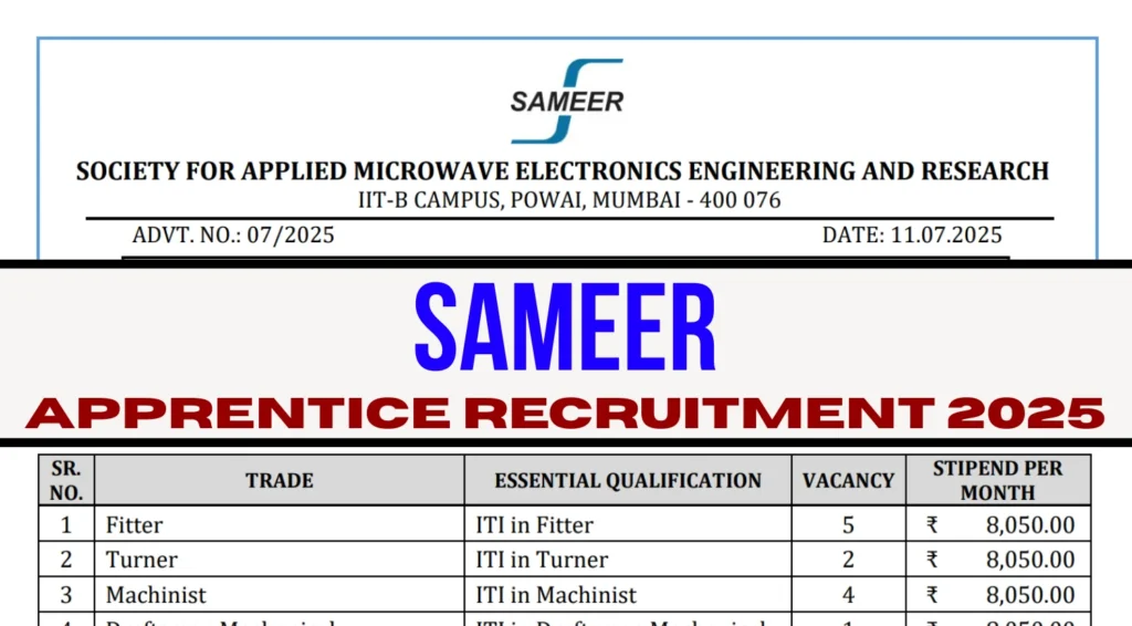 SAMEER Apprentice Recruitment 2025 Notification Out for Graduate, Diploma & ITI Posts 1 SAMEER Apprentice Recruitment