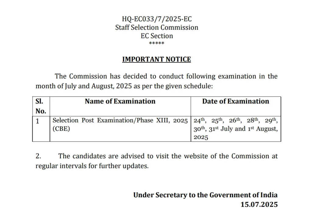 SSC Phase 13 Selection Post Exam Date OUT for 2423 Vacancies 2 SSC Phase 13 Exam Date Notice