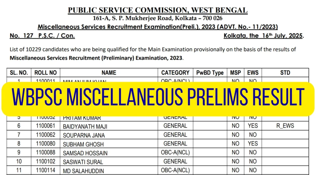 WBPSC Miscellaneous Prelims Result 2025 Released, Mark List PDF Out 1 WBPSC Miscellaneous Prelims Result 2025