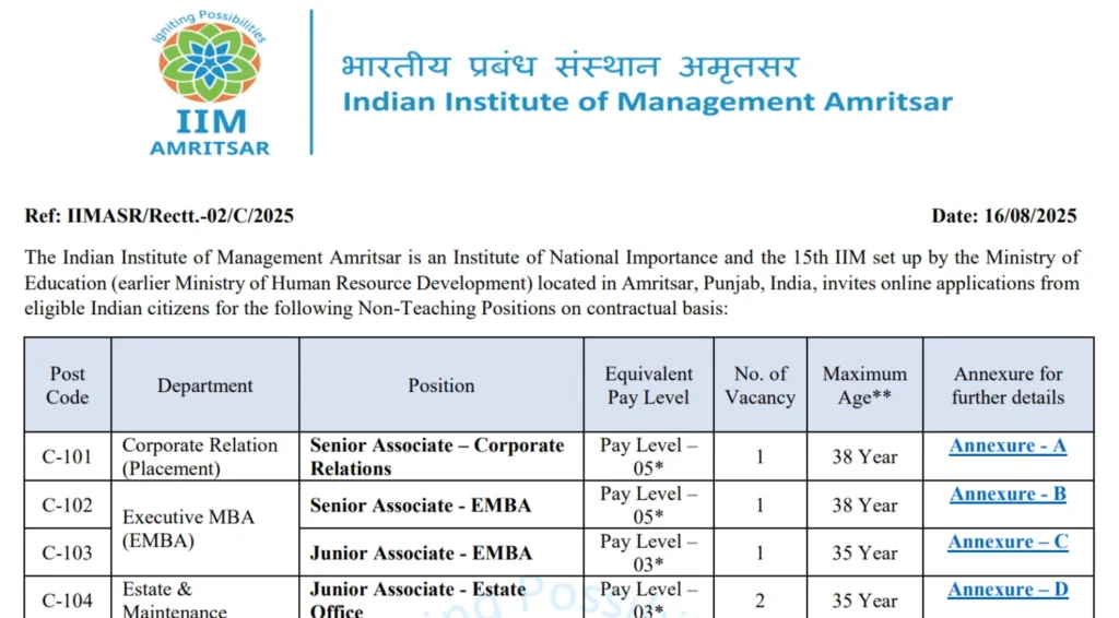IIM Amritsar Recruitment 2025 for Non-Teaching Vacancies, Apply Now 1 IIM Amritsar Recruitment 2025 Notification Out for Non-Teaching Vacancies