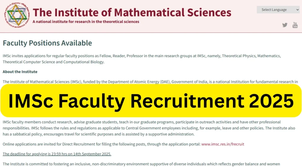 IMSc Faculty Recruitment 2025 Out: Apply Online for Fellow, Reader, and Professor @imsc.res.in 1 IMSc Faculty Recruitment 2025