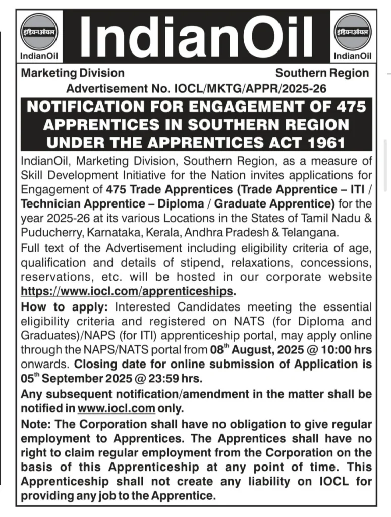 IOCL SR Apprentice Recruitment 2025, Apply Online for 475 Vacancies 2 IOCL SR Apprentice Recruitment 2025-Short-Notice