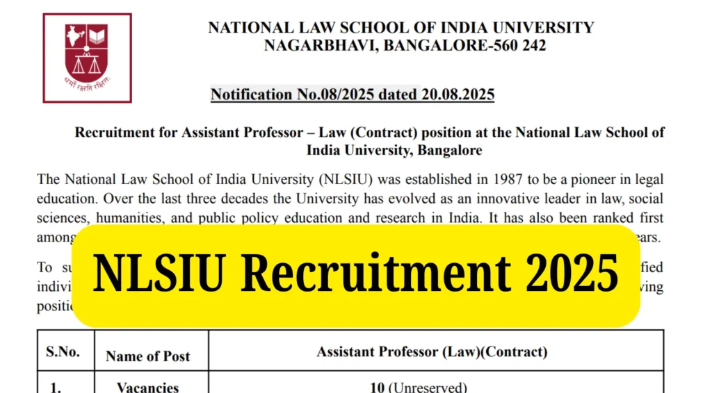 NLSIU Recruitment 2025, Apply Now for 10 Assistant Professor (Law) Vacancies 1 NLSIU Recruitment 2025