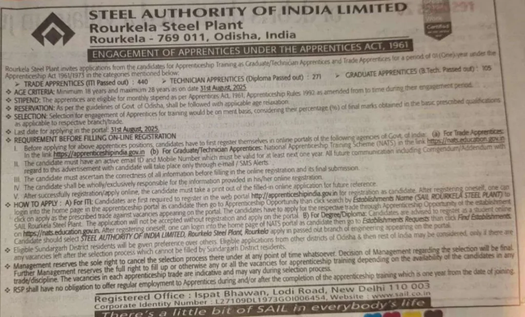 SAIL RSP Apprentice Recruitment 2025 Notification Out for 816 Vacancies 2 SAIL RSP Apprentice Short Notice PDF