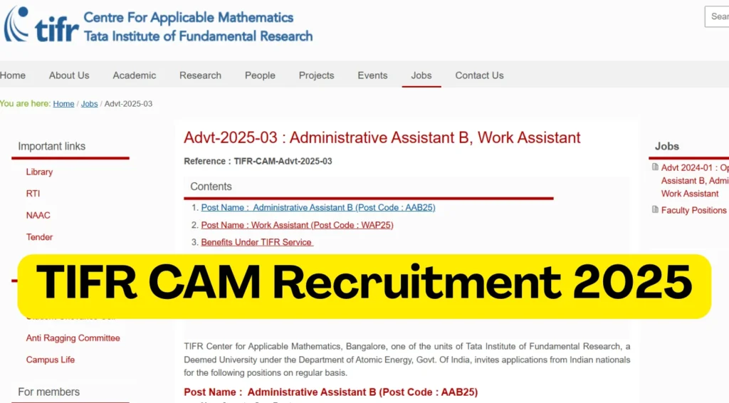 TIFR CAM Recruitment 2025 Notification Out, Apply Online for Administrative Assistant & Work Assistant Posts 1 TIFR CAM Recruitment 2025