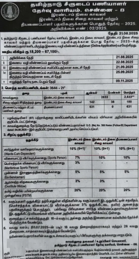 TNUSRB Jail Warder Recruitment Notification 2025 for 180 Vacancies (Grade II) 2 TNUSRB Jail Warder Recruitment 2025 Short Notice Out