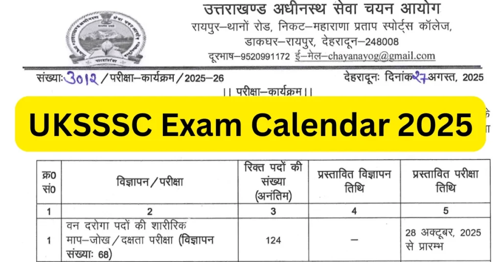 UKSSSC Exam Calendar 2025 OUT, Download Uttarakhand SSSC Exam Schedule PDF at sssc.uk.gov.in 1 UKSSSC Exam Calendar 2025