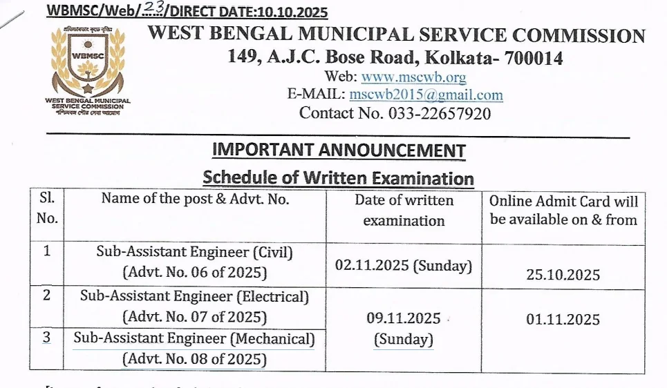 WBMSC Sub-Assistant Engineer Exam Date 2025 Out for 125 Civil, Mechanical & Electrical Posts at KMC 2 WBMSC Sub Assistant Engineer Exam Date 2025 Notice