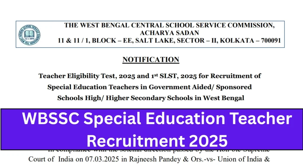 WBSSC Special Education Teacher Recruitment 2025 Notification Out, Apply by 24th Sept 1 WBSSC Special Education Teacher Recruitment 2025