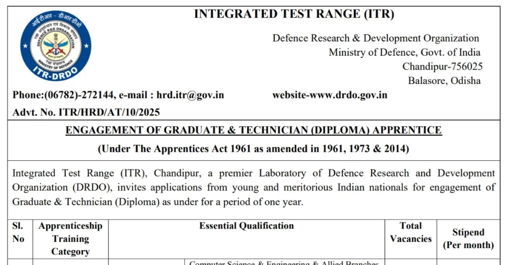 DRDO ITR Recruitment 2025 Notification Out for 54 Apprentice Vacancies 1 DRDO ITR Recruitment 2025