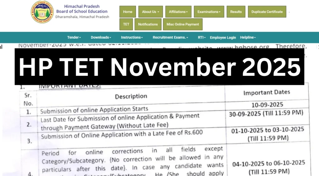 HP TET November 2025 Notification Out at hpbose.org, Apply for HP TET November 2025 1 HP TET November 2025