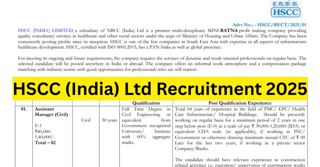 HSCC Recruitment 2025 for Assistant Manager, Executive, and Executive Assistant Engineer Posts 1 HSCC Recruitment 2025 for Assistant Manager Executive and Executive Assistant Engineer Posts