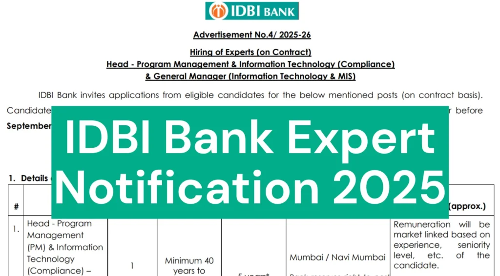 IDBI Bank Expert Notification 2025 Out for GM & IT Posts 1 IDBI Bank Expert Notification 2025 Out for GM & IT Posts