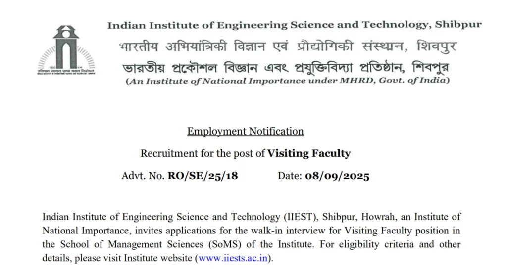 IIEST Visiting Faculty Recruitment 2025 Notification Out for School of Management Sciences 1 IIEST Visiting Faculty Recruitment 2025