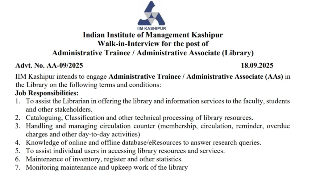 IIM Kashipur Recruitment 2025 Notification Out for Administrative Trainee / Associate Post 1 IIM Kashipur Recruitment 2025 Notification Out for Administrative Trainee / Associate Post