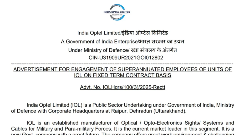 IOL Recruitment 2025 for Project Manager, Technician and Supervisor Positions 1 India Optel Limited IOL Recruitment 2025