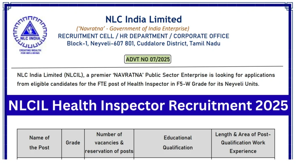 NLCIL Health Inspector Recruitment 2025 Notification Out, Apply Online from 15 Sep 1 NLCIL Health Inspector Recruitment 2025