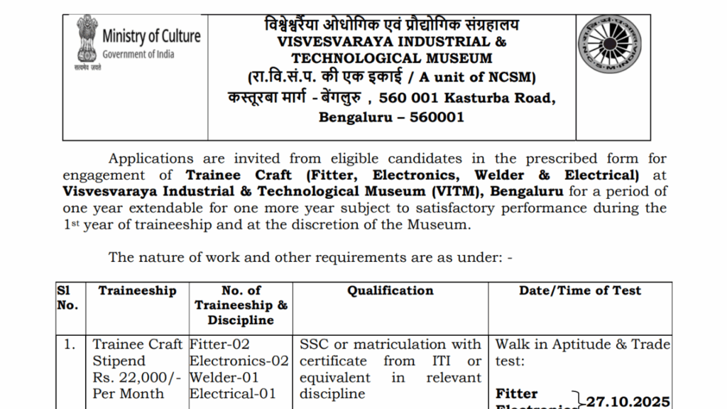 VITM Trainee Craft Recruitment 2025 Notification Out, Check Details Here 1 VITM Trainee Craft Recruitment 2025 Notification Out, Check Details Here