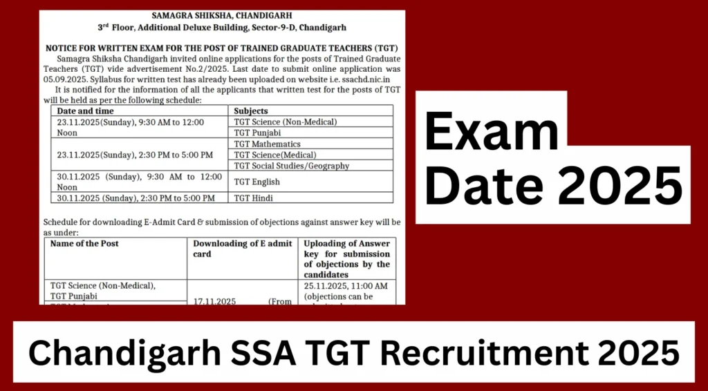 Chandigarh SSA TGT Exam Date 2025 Out, Admit Card, Answer Key Schedule, Official Notice PDF Here 1 Chandigarh SSA TGT Exam Date 2025 Out, Check Schedule Here
