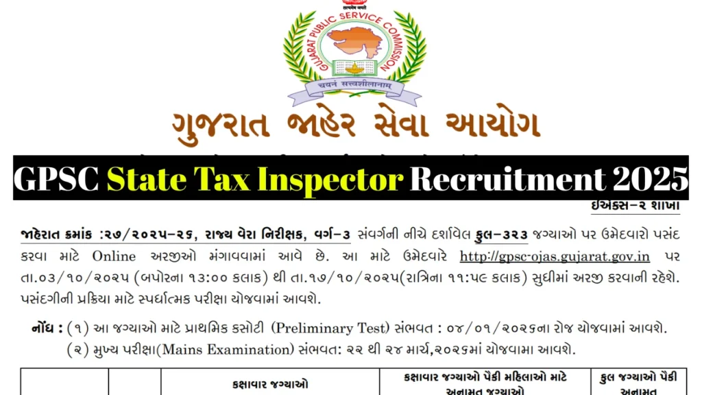 GPSC State Tax Inspector Recruitment 2025, Apply Online for 323 Vacancies 1 GPSC State Tax Inspector Recruitment