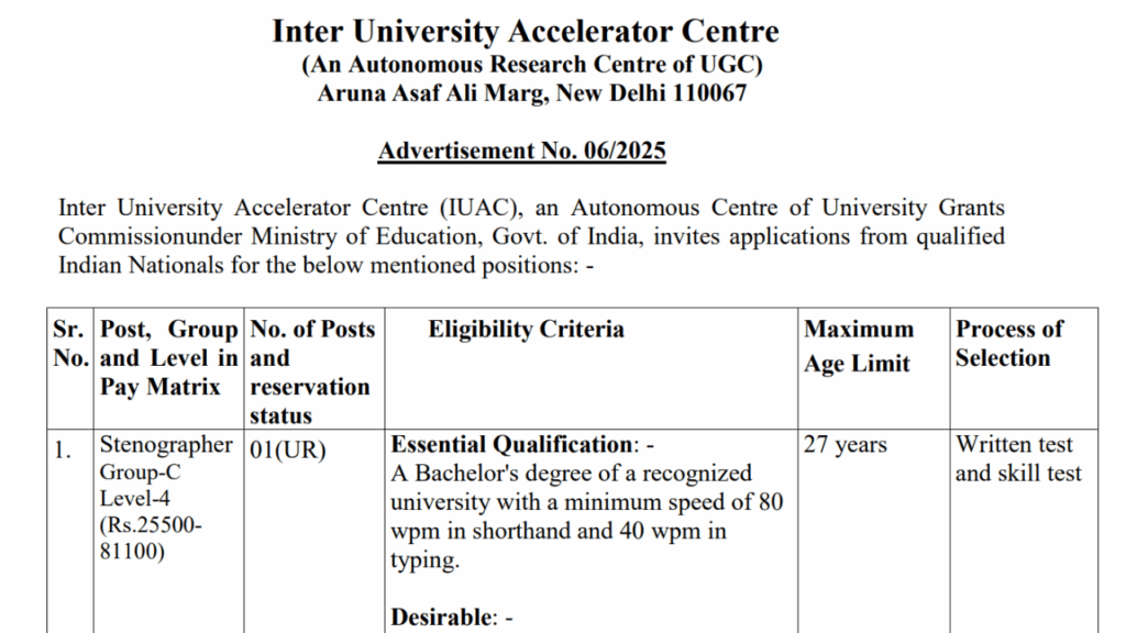 IUAC Recruitment 2025 Notification Out: Apply Online for Stenographer and MTS Posts 1 IUAC Recruitment 2025 Notification Out