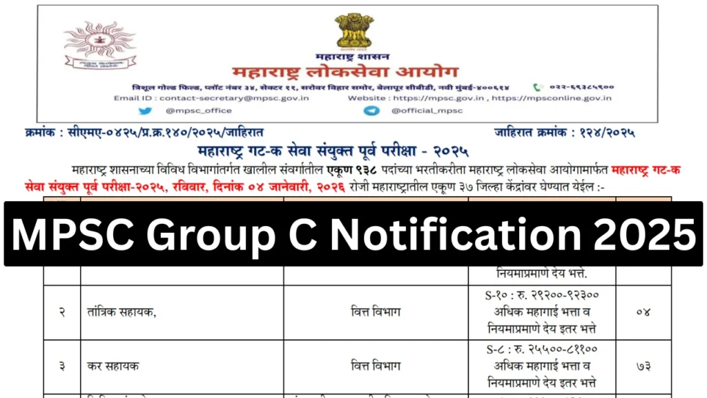 MPSC Group C Notification 2025 Out for 938 Clerk-Typist, Tax Assistant & More Vacancies, Apply Online 1 MPSC Group C Notification 2025