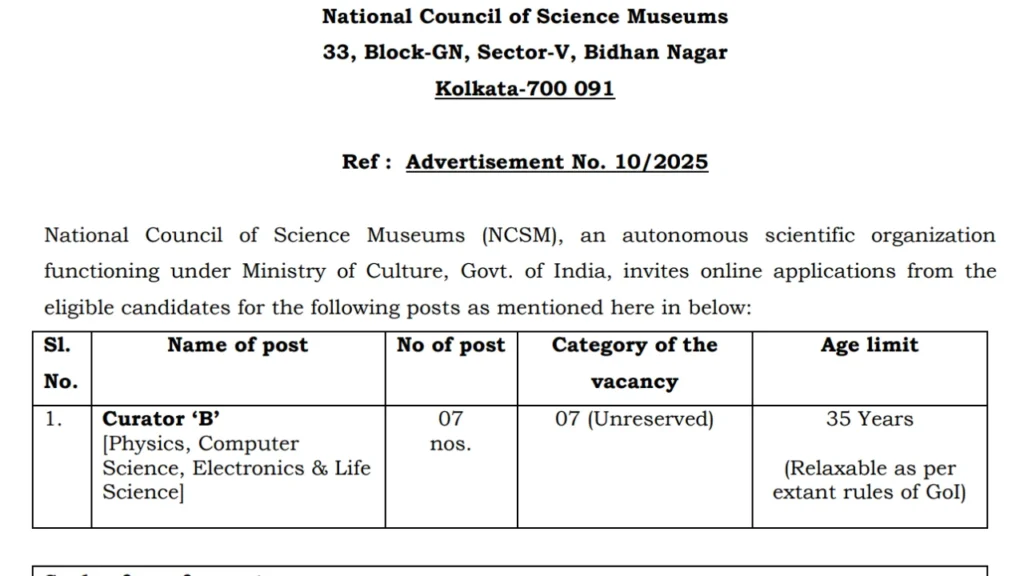 NCSM Curator B Recruitment 2025, Apply Online at National Council of Science Museums 1 NCSM Curator B Recruitment 2025