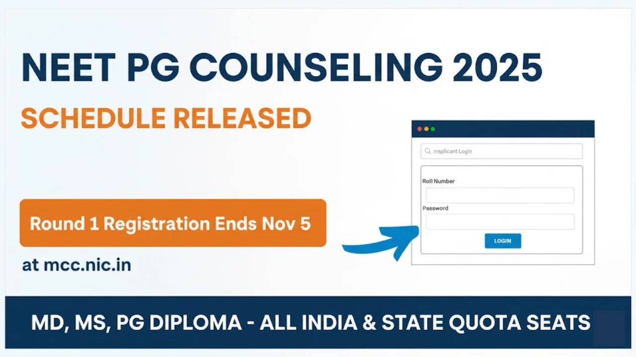 NEET PG Counselling 2025 Schedule OUT! Round 1 Registration Ends November 5 | How to Register for Round 1 at mcc.nic.in 1 NEET PG Counselling 2025 Schedule OUT! Round 1 Registration Ends November 5